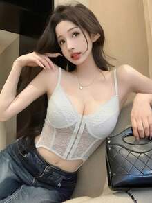 夏季性感透视吊带胸衣上衣，蕾丝露脐上衣，女士休闲白色 - 白色 - 查看 5