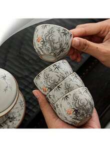 1pc Ru Kiln Crackle Glaze Bamboo Motif Ceramic Tea Cup, Suitable For Owner And Guests, Capacity 60ml, Gongfu Tea - Multicolor - View 12