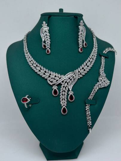 4 piezas Juego de joyería de lujo con perlas y circonita, blanco y rojo, accesorios para fiesta nupcial, regalo para Oriente Medio, Pakistán, Arabia Saudita