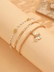 3pcs Delicate Faux Pearl Butterfly Beaded Chain Anklet Set, Versatile Daily Wear For Teenagers, Handmade Chain Can Be Cut To Desired Length, Faux Pearl Quantity Not Fixed - Gold - View 2