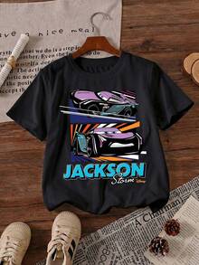 Disney Pixar Cars 3 Jackson Storm Neon Racing Graphic Printed Pattern T-Shirts For Girls - Children's Clothing Design Short-Sleeved Casual And Cute Style Comfortable And Casual Wear All Year Round Suitable For Parties And Play Machine Washable Gift Children's Clothing Girls' Short-Sleeved Shirts - 黑色 - 查看 2