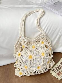 2026 Summer New Beach Vacation Handbag, Women's Fashion Handmade Woven Bag, Daisy Hollow Cotton Rope Shoulder Bag - White - View 10