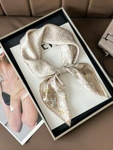 1条方形真丝围巾，女士缎面印花头巾，颈巾，发带，时尚女士披肩，围巾 - 卡其色 - 查看 1