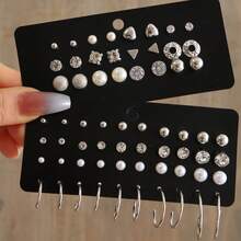 64 piezas Nuevo conjunto de aretes de perlas falsas y circonita - Plateado - Ver 3