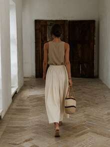 纯色休闲优雅褶裥松紧腰半身裙 春季 - 杏色 - 查看 2