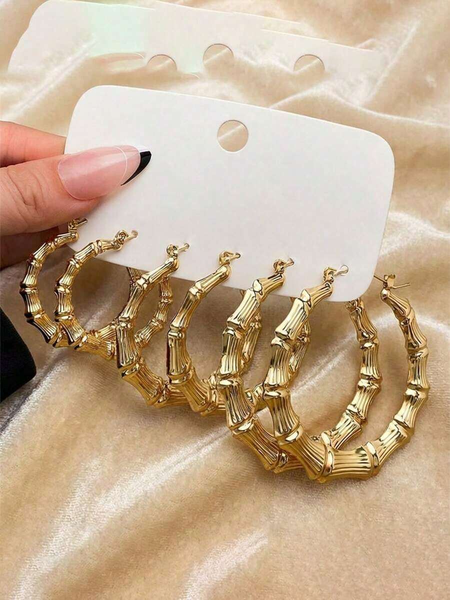 3 Pairs Vintage Coin Hoop Earrings, Y2K Streetwear Style Bamboo Knot Oversized Earrings (Assorted Paper Card Styles), Suitable For Parties, Vacations, Gifts, And Daily Wear - Vàng - Xem 1