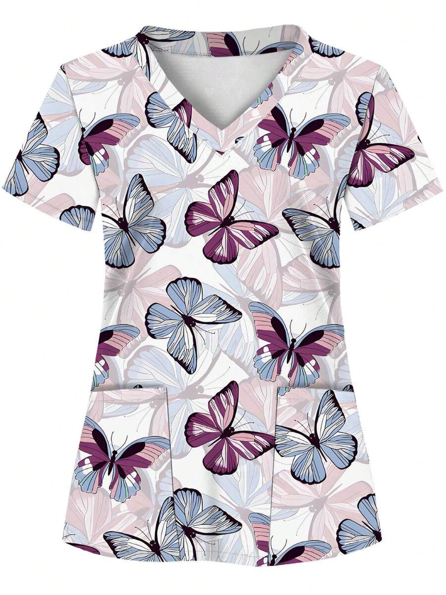 2 Pocket Women's Scrub Top, Soft, Breathable, Practical Scrub Shirt For Healthcare Professionals - Scrub Shirt Fall Vacation - Multicolor - View 1