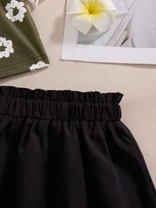 Ensemble 2 pièces pour filles, Top à manches courtes à imprimé floral avec épaules dénudées et jupe évasée à volants de couleur unie, style décontracté, printemps/été - Noir - Voir 7