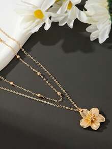 1Pc Two-Layer Layered Necklace With A Ruffled Flower Pendant, A Stylish And Minimalist Piece Suitable For Everyday Wear And Gifting - Gold - View 3