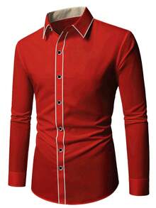 Luxury Bright Red Long Sleeve Shirt For Men, Contrast Black Trim Collar, Metal Buttons, Versatile For Business, Formal Events, And Work Wear. Can Be Paired With Matching Tie For Elite Professional Look - Red - View 6