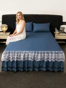 1pc Soft Lace Ruffled Bed Skirt, Solid Color Elastic Bed Skirt, Comfortable Bed Cover, Lace Elastic Bed Skirt, Selected Skin-Friendly Brushed Fabric, Four-Corner Tie Design Easily Fixes Mattress And Prevents Displacement, Princess Lace Style Bed Skirt Suitable For Home, Hotel Bedroom, Can Replace Lace Decorative Elastic Bed Sheet, Easy To Fit Dust Ruffle - Royal Blue - View 2