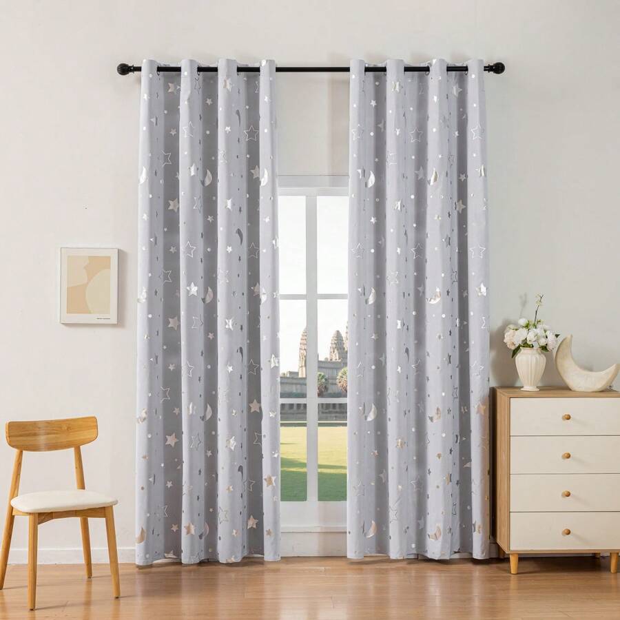1pc Minimalist Coated Composite Star & Moon Foil Blackout Thermal Insulated Curtain - Beige - View 1