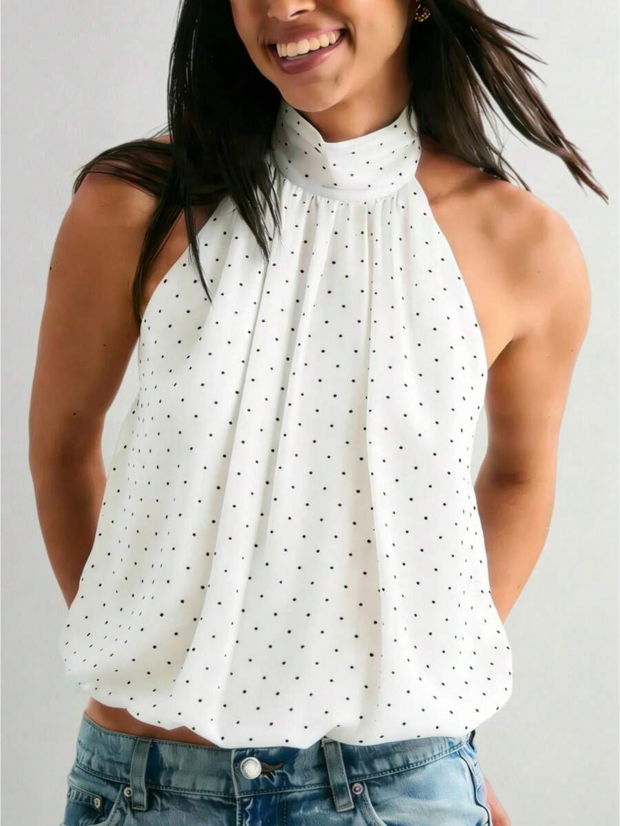 Women Cute Puffy Halterneck Top Sleeveless Open Back Tank Tops Fashion Button Neck Crop Tops Summer Y2K Loose Vest For Club Party Streetwear Going Out Outfit - 白色波點 - 查看 1