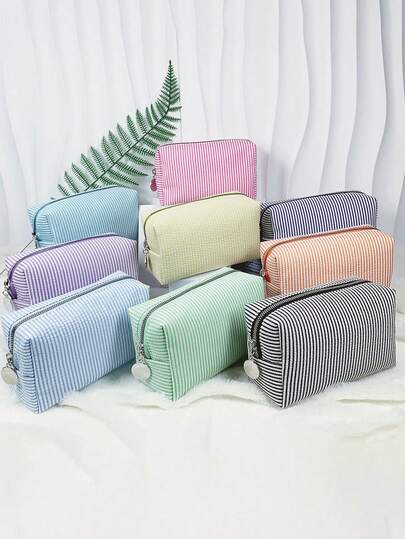 Embroidered Striped Bubble Chiffon Cosmetic Bag, Large Capacity Toiletry Pouch, Travel Organizer