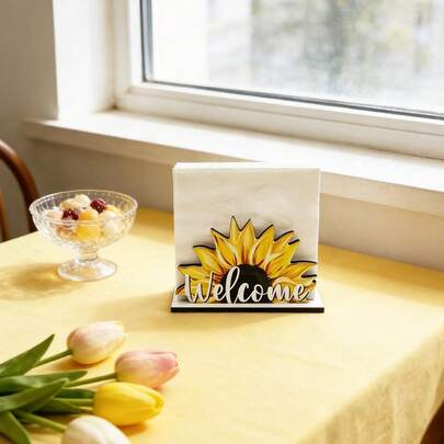 1/3件装乡村风木质餐巾架。向日葵蜜蜂柠檬造型纸巾盒。独立式桌面纸巾架，适用于厨房、餐厅、餐桌摆设、夏季派对宴会等场合。