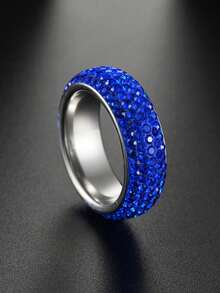 1 件不锈钢 5 排水钻凸面情侣戒指，时尚百搭拱形利基戒指 - 藍色 - 查看 7