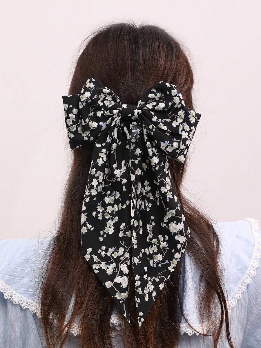 1pc Women's Fashion Elegant Black Floral Bowknot Ribbon Hair Clip, Suitable For Daily Wear, Spring/Summer, Party, Outing, Claw Clips - Black - View 1