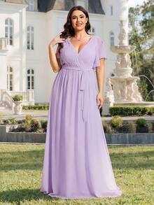 EVERPRETTY Đầm dạ hội dài tay cổ chữ V thanh lịch, tay dài, dáng midi, thích hợp cho đám cưới, tiệc tùng và làm phù dâu mùa xuân/hè, màu tím oải hương. - Màu tím hoa cà - Xem 7