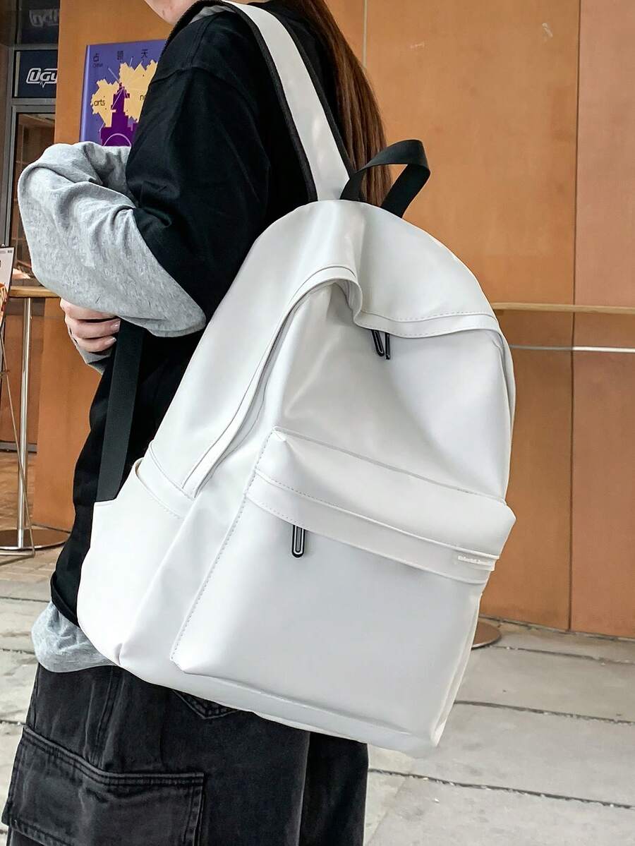 1pc Versatile Black Minimalist Campus Style Backpack, Large Capacity Fits 12-Inch Tablet, PU Leather Laptop Bag - White - View 1