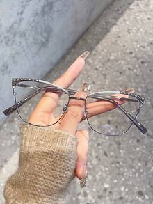 1pc Women's Metal Cat Eye Rhinestone Bling Bling Vintage Daily Commute Streetwear Fashion Accessory Clear Lens Glasses - Multicolor - View 9