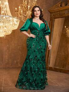 [Random Print] UNITHORSE Plus Women's V-Neck Lantern Sleeve Sequin Patchwork Satin Slim-Fitting Temperament Evening Dress - Dark Green - View 6
