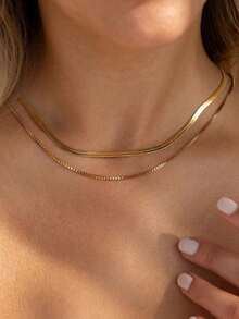 2pcs Stainless Steel Chain Necklace Set, Fashion Minimalist Blade Chain & Box Chain Layered Necklace, Delicate Personalized Necklace Suitable For Girls And Women - Gold - View 6