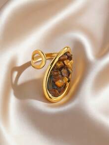 2026 New Year Of The Horse Contrast Color Natural Stone Open Ring, Turquoise & Tiger Eye Dual Tone Boho Style Butterfly Turquoise Ring, Unique Fragmented Stone Combination Ring, Lucky Tiger Eye & Turquoise Jewelry - Gold - View 10