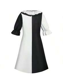 女士万圣节恐怖小丑服装，带绒球装饰的娃娃裙，黑白圆领短袖及膝针织面料角色扮演春季装扮 - 黑色 - 查看 5