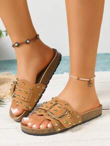 Women's Fashion PU Leather Buckle Beach Sandals, Summer - Mocha Brown - View 5