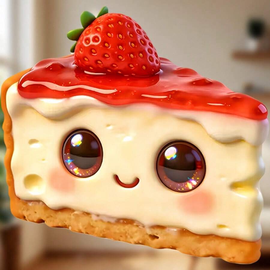 甜点展示柜中最可爱的一款：3D芝士蛋糕伴侣，质地柔软，表面裹着一层光滑的糖霜，闪闪发光的眼睛和甜美的笑容——专为您的温馨厨房设计的甜点好伙伴 - B - 查看 1