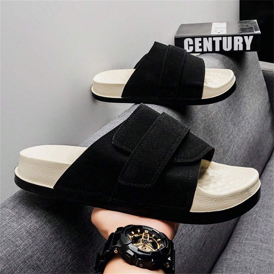 Unisex minimalistische Mode Große Größen Offene Zehe Slide Sandalen, Weiche Sohle Badezimmer Strandpantoffeln für Innen-/Außenbereich, Bequeme Lässig leichte rutschfeste Flip-Flops - Schwarz - Übersicht 1