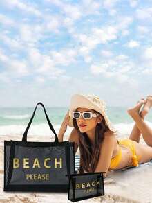 大容量网眼沙滩包套装，“BEACH PLESE”图案网眼袋，金色亮片字母，化妆包，镂空网眼沙滩手提包，网眼化妆收纳袋，可折叠大容量游泳包，字母装饰网眼沙滩手提包 - 彩色 - 查看 6