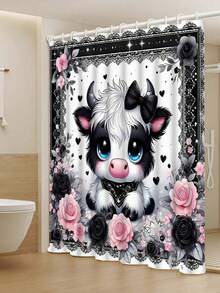 1件/4件套卡通可爱蝴蝶结小牛图案浴室浴帘套装 - A - 查看 15