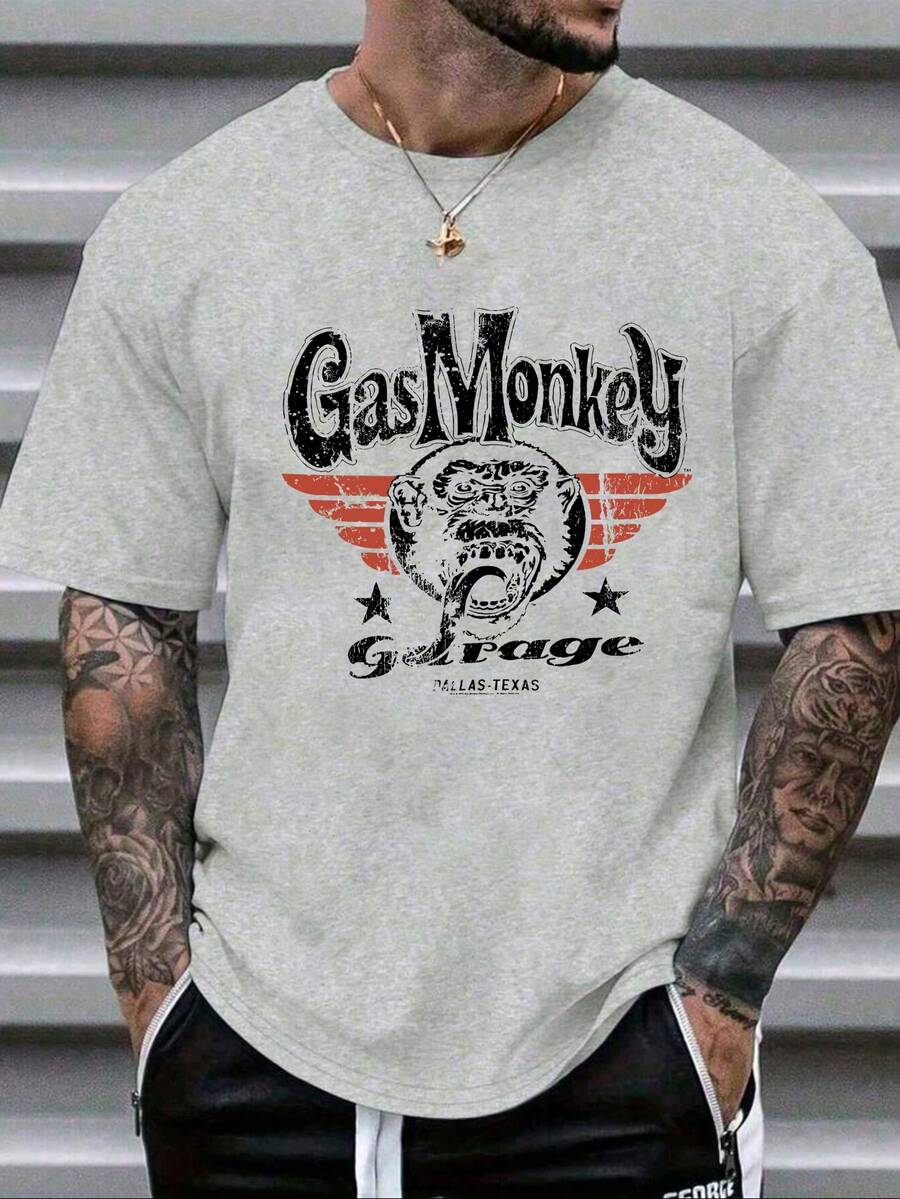 男士休闲时尚 Gas Monkey 印花圆领短袖 T 恤，夏季 - 灰色 - 查看 1