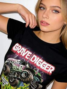 Monster Jam Monster Truck Graphic Print Vintage T-Shirt, Casual Short Sleeve Crew Neck Tee, Women's Streetwear - 黑色 - 查看 4