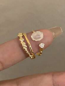 5件套简约奢华时尚日常个性素圈优雅派对假日铜质微镶嵌合成独特温柔女士开口戒指套装 - 金黃色 - 查看 8