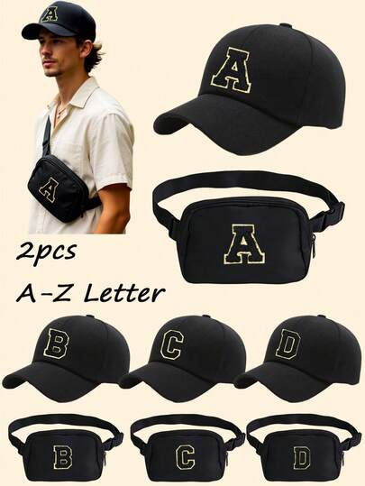 2Pcs Unisex Personalized 26 Letters Baseball Cap & Crossboy Bag Set, Breathable Versatile Sunscreen Cap, Compact Pouch For Phone And Coin Pack With Adjustable Strap,Casual Daily Matching Set For Fashion Accessory, Travel, Outdoor Sports And Daily Use