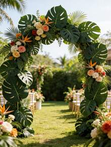 24片热带棕榈叶和芙蓉花,热带棕榈叶桌旗,人造叶子桌布,适用于婚礼、夏威夷草裙舞派对、热带丛林派对、婴儿派对、一周岁热带动物主题生日派对、夏威夷草裙舞生日派对、派对DIY装饰 - 彩色 - 查看 12