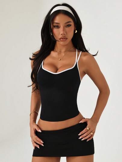 Áo tank top thể thao không đường may dành cho nữ - Dây đeo mỏng phối màu tương phản, lý tưởng cho yoga, tập gym và sinh hoạt thường ngày.
