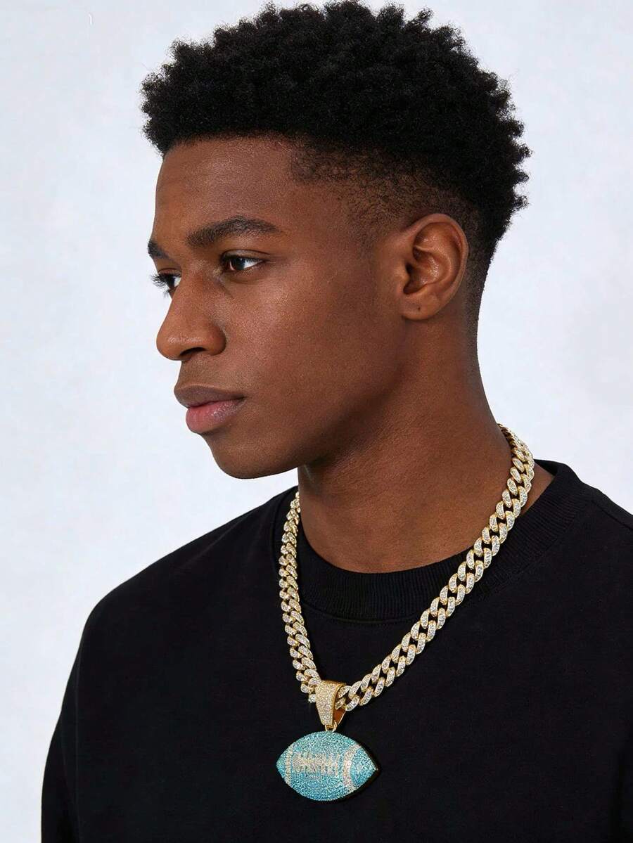 1件男士全镶钻嘻哈链项链，配绿松石玻璃钻石足球吊坠 - Style A - 查看 1