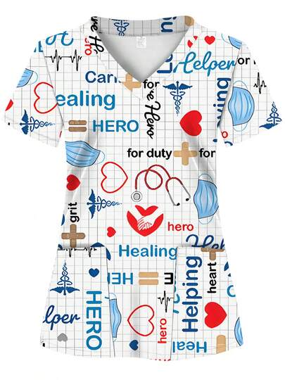Allover Print Healing HERO Pattern, 2 Pockets, Women's Scrub Top, Comfortable T-Shirt For Healthcare Professionals - Soft, Breathable, Practical Uniform Suitable For Hospitals, Dental Clinics, Salons And Facilities, Nurse Workwear Spring