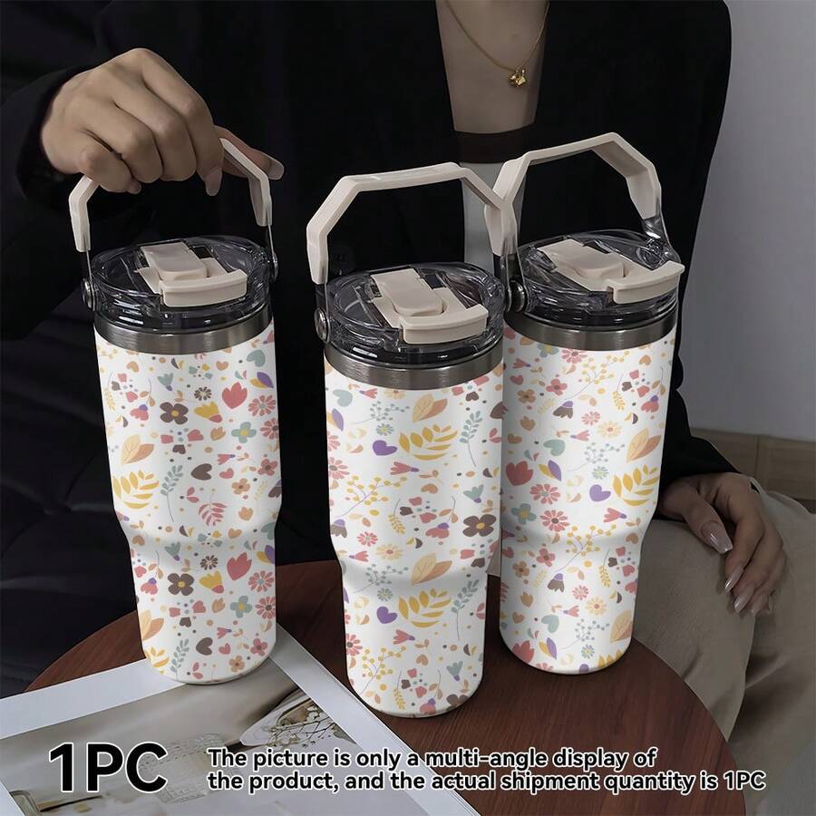 1pc/5pcs 30oz Stainless Steel Floral Insulated Tumbler, Suitable For Mother's Day, Easter, Valentine's Day, Theme Parties, Birthdays And Other Holidays. Floral Print Design, Keeps Drinks Hot/Cold, Fashionable Style. Multifunctional Cup For Daily Use! Ergonomic Handle Design, Anti-Drop , Easy To Clean. - Multicolor - View 1