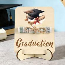 1 pieza Soporte de madera con forma de birrete de graduación de color rosa, para regalo de graduación, sobre para dinero, decoración de fiesta de graduación, regalo de graduación para hija, amiga, Clase de 2026, tarjeta de dinero para graduación con cordel, decoraciones de graduación para mesa - Temporada de graduación - Ver 1