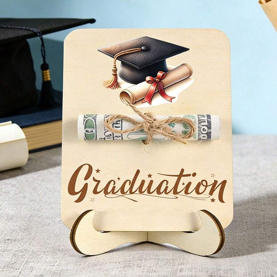 1 pieza Soporte de madera con forma de birrete de graduación de color rosa, para regalo de graduación, sobre para dinero, decoración de fiesta de graduación, regalo de graduación para hija, amiga, Clase de 2026, tarjeta de dinero para graduación con cordel, decoraciones de graduación para mesa - Temporada de graduación - Ver 1