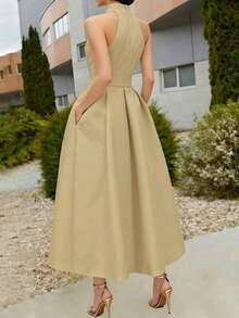 Elegant Women's Dress With A Tie Waist And A-Line Silhouette, New Spring/Summer And Fall/Summer Styles, Sleeveless With A V-Neck, Suitable For The Office Or Everyday Wear In Black. - 卡其色 - 查看 2