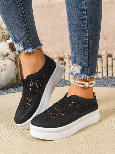 Summer New Thick-Soled Lace Loafers For Women, Breathable Mesh Platform Slip-On Casual Shoes, Increase Height Slim White Sneakers, Korean Style Versatile Student Shoes, Comfortable Soft Bottom Leisure Sports Shoes