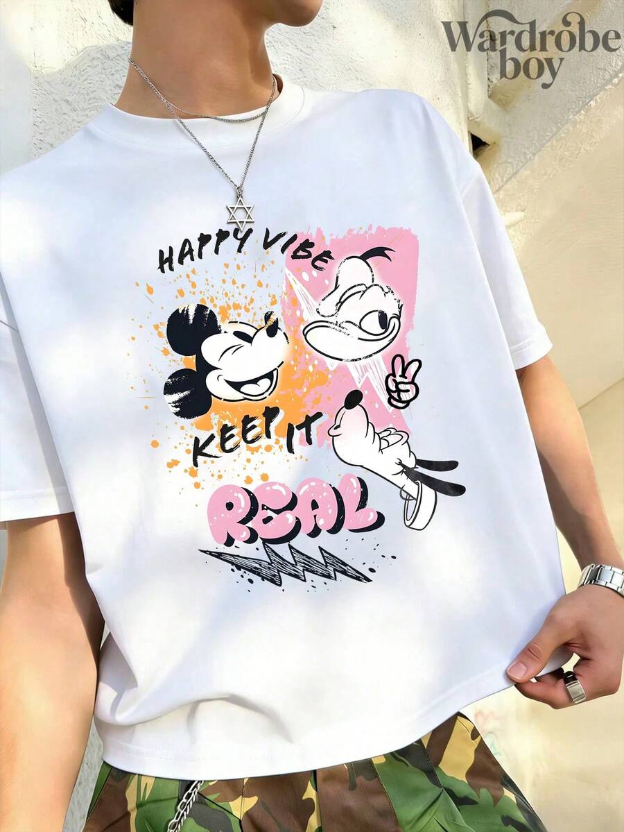 Disney Licensed Printed T-Shirt,Disney Mickey And Donald Duck Fun Pattern T-Shirt,Unisex,High-Quality Pure Cotton T-Shirt,Suitable For All Seasons, Comfortable And Breathable| Exquisite Design | The Best Choice For Giving Gifts - 白色 - 查看 1