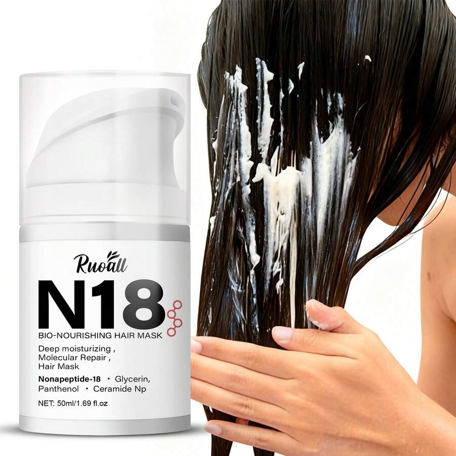 RUOALL N18 生物保湿发膜，深层滋养并调理秀发，改善干燥和毛躁，令秀发柔顺亮泽，50毫升按压瓶装，温和不刺激，男女通用，适用于所有发质，日常护发必备，1盒装 - 正裝 - 查看 1