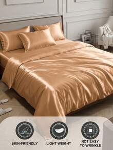 2/3pcs Satin Duvet Cover Bedding Set, Soft & Comfortable Bedroom Bedding Set, Solid Color Skin-Friendly Duvet Cover, 1/2pcs Pillowcase And 1pc Duvet Cover, Silk Satin Bedding Set, Suitable For All Bed Sizes - Twin/Full/Queen/King, Soft & Breathable, Oeko-Tex Certified - Camel - View 7