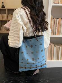 Women's Denim Tote Bag, Large Capacity Shoulder Bag, Vacation Scarf, Blue - Blue - View 3